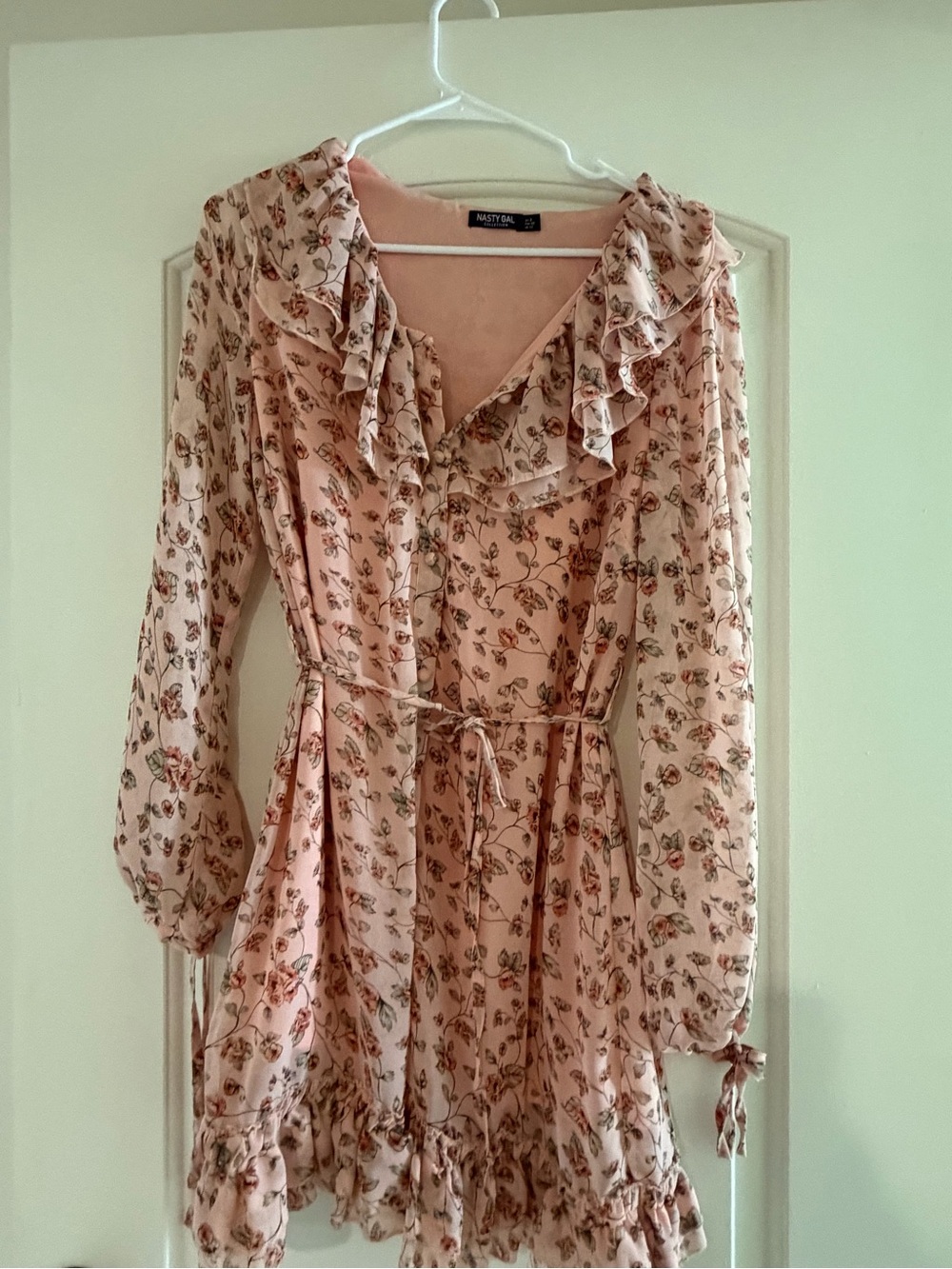 Nasty Gal Blush Pink Floral Ruffle Tie-Waist Long Sleeve Dress